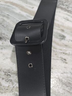Women's Black Wide Belt with Decorative Square Buckle